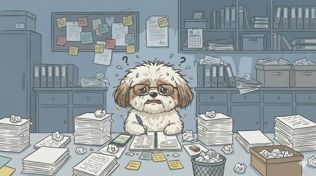 Una persona frustrada frente a una laptop con una hoja de Excel caótica llena de colores y notas, con papeles dispersos alrededor.