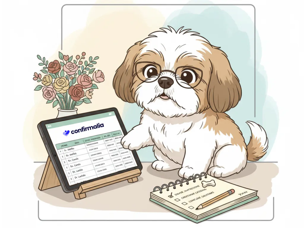 Una tablet mostrando el dashboard de Confirmalia con una lista de invitados y columnas personalizadas, junto a un bloc de notas con un checklist.