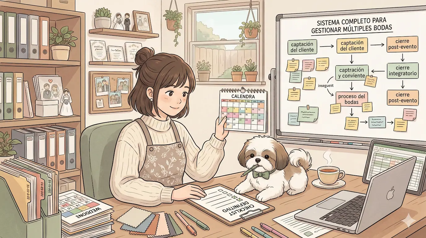 Vista organizada de un escritorio de wedding planner con listas de verificación, tablet con dashboard y notas de múltiples eventos