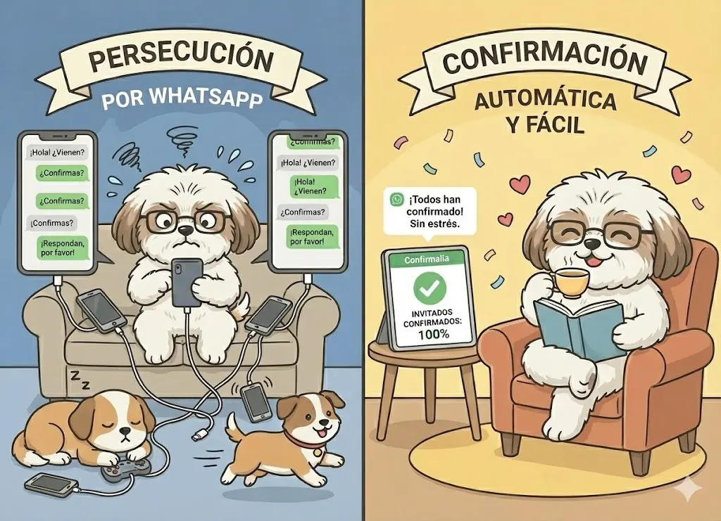 Una pareja de novios relajada mirando su tablet con confirmaciones automáticas, mientras al fondo se ve una lista de invitados organizada.