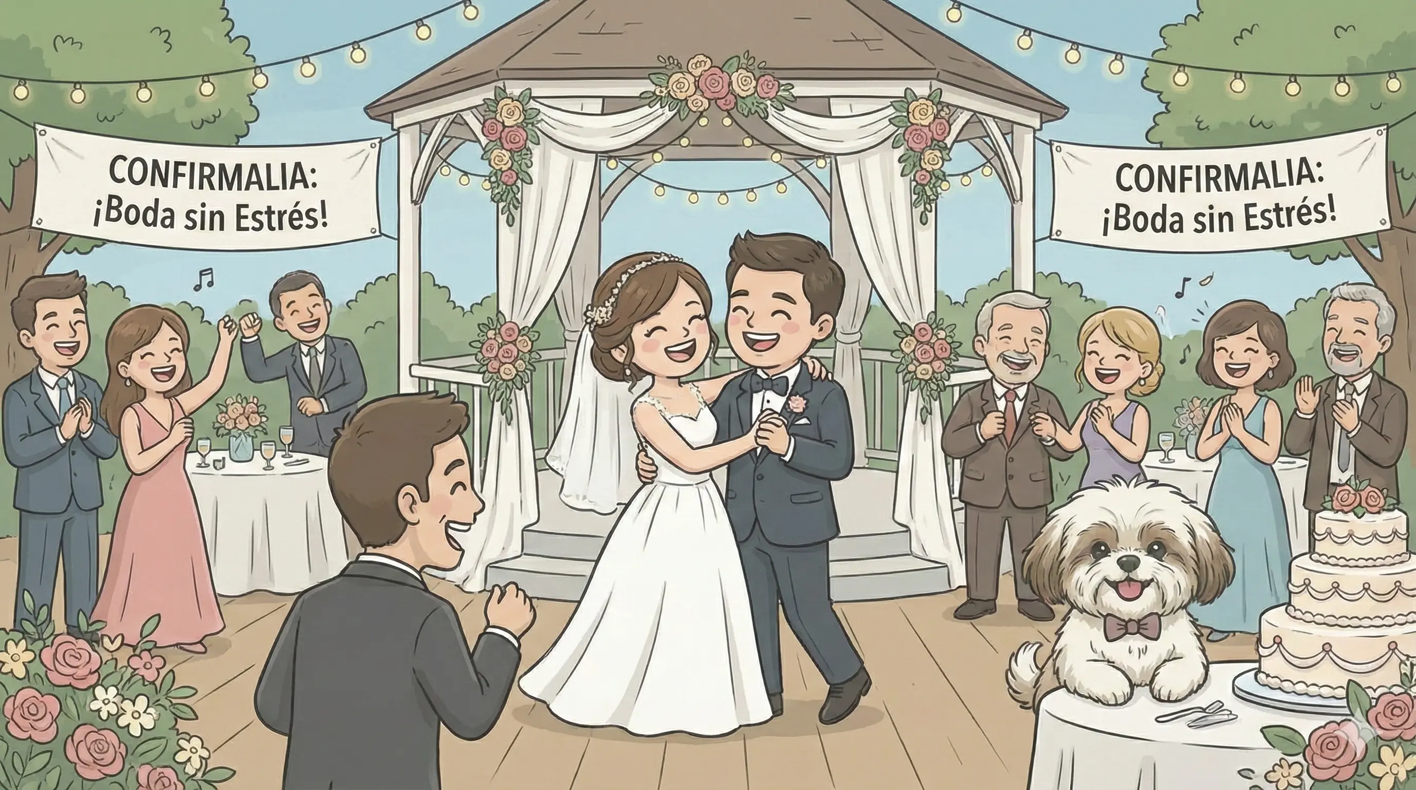 Una pareja de novios sonriendo mientras miran una tablet que muestra el dashboard de Confirmalia con la lista de invitados a su boda.