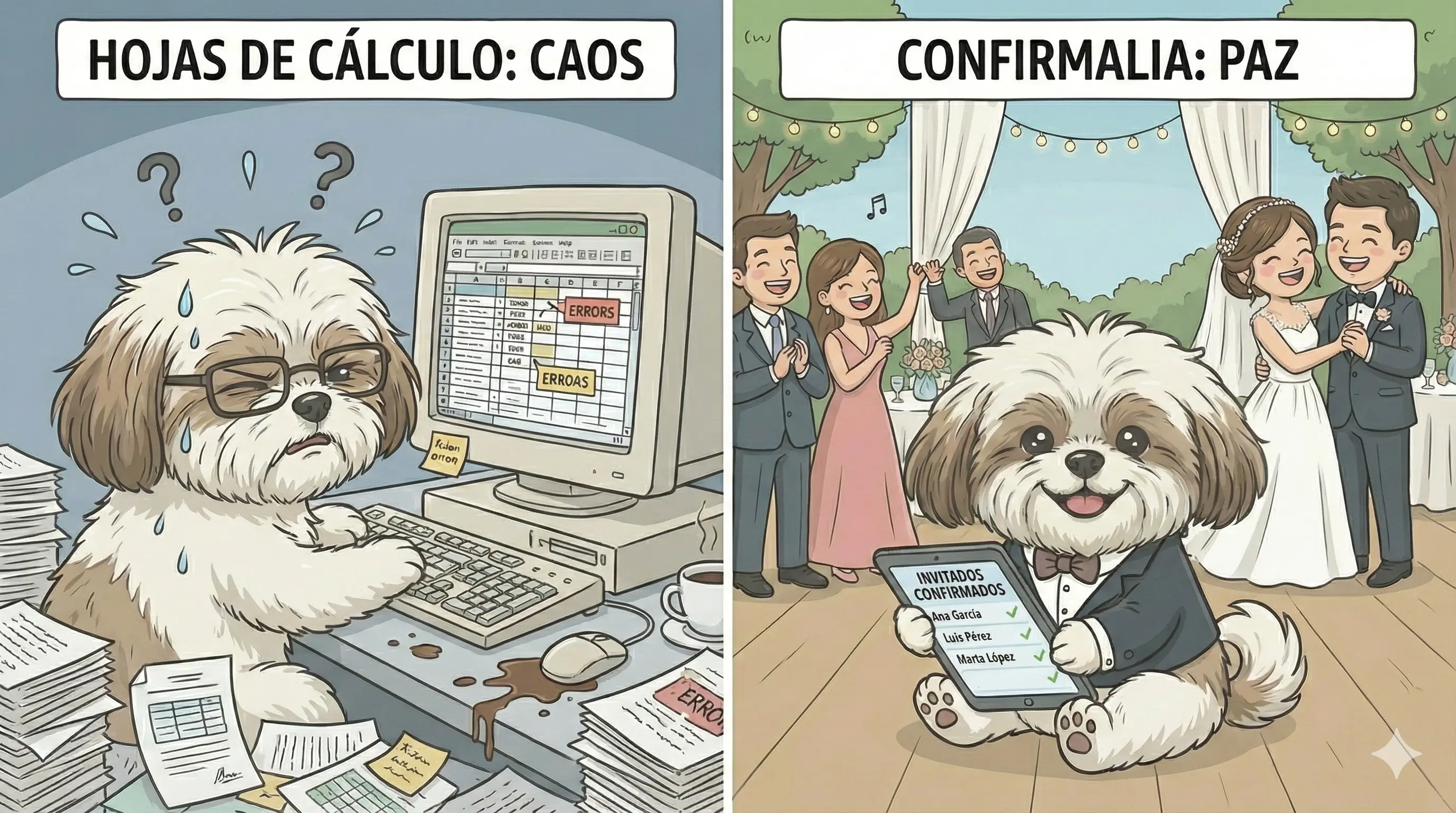 Una imagen dividida: a la izquierda, una hoja de cálculo caótica y desordenada con un perrito triste; a la derecha, el dashboard limpio y organizado de Confirmalia con un perrito feliz.
