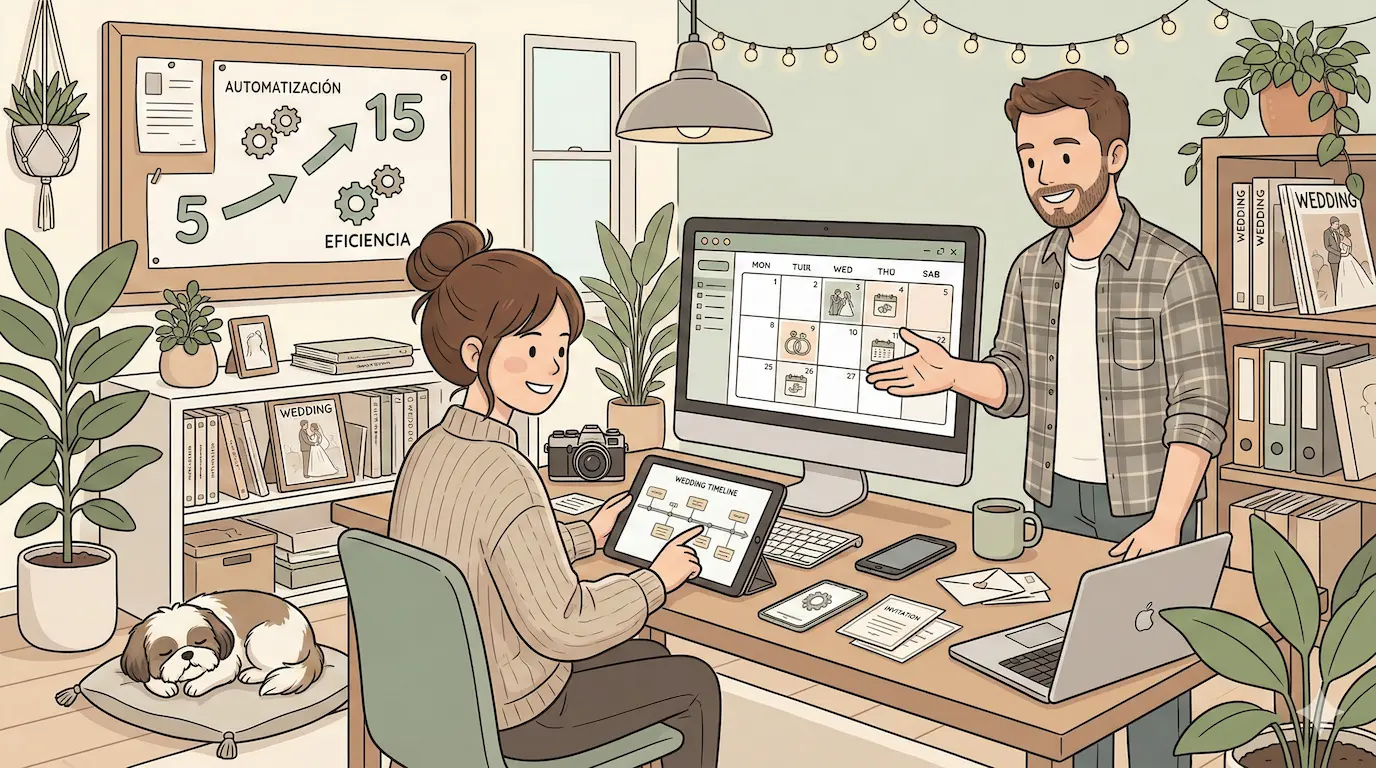 Wedding planner revisando múltiples eventos en un dashboard digital mientras toma café tranquilamente