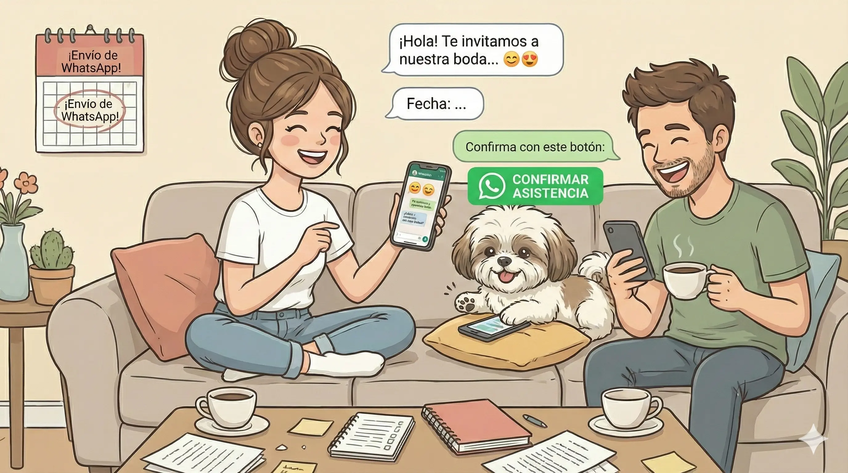 Una persona sonriendo mientras escribe un mensaje de invitación en su teléfono.