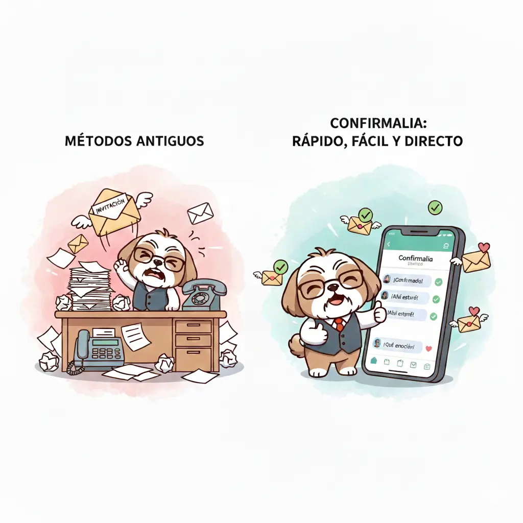 Una sala de conferencias elegante y moderna, con un teléfono en primer plano mostrando una invitación profesional de un evento corporativo en WhatsApp.