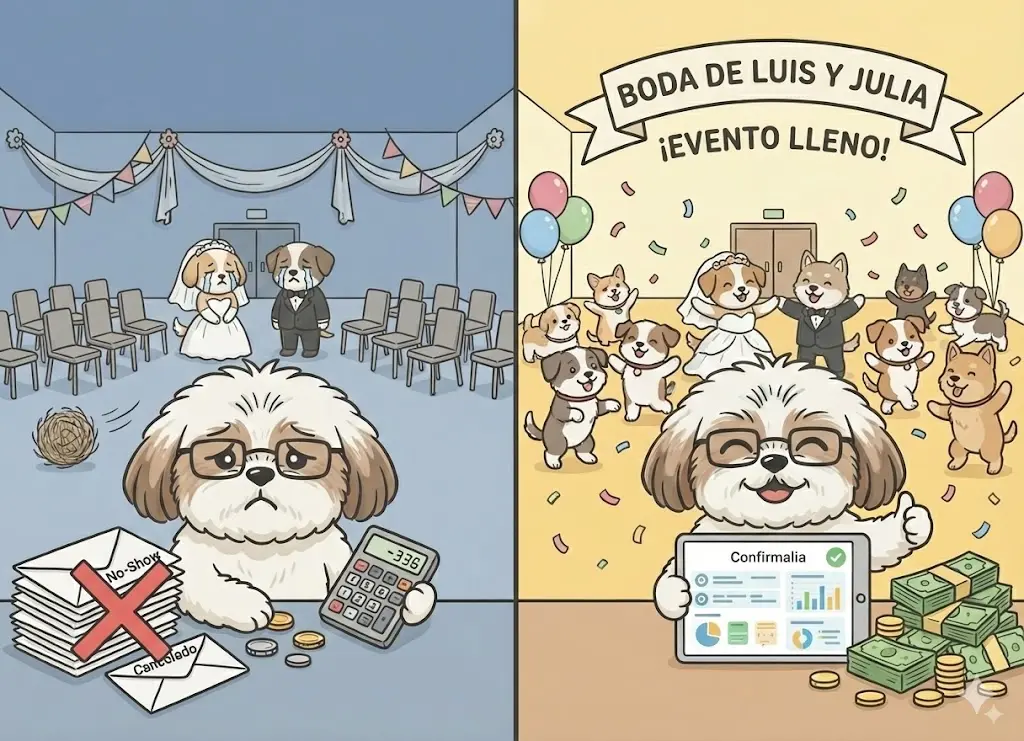 Un salón de eventos con mesas vacías y sillas sin ocupar, contrastando con un dashboard mostrando estadísticas de confirmación.