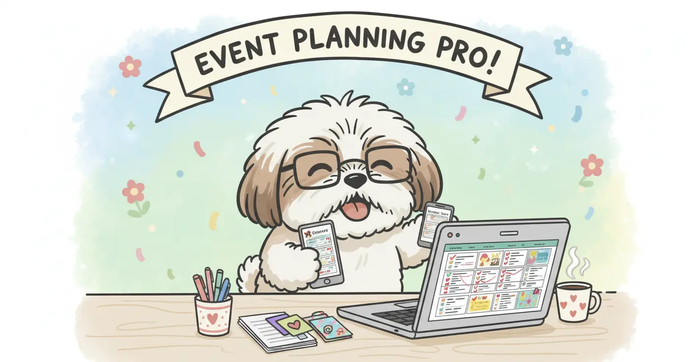 Una persona sonriente gestionando invitaciones de un evento en su laptop y teléfono de forma organizada.