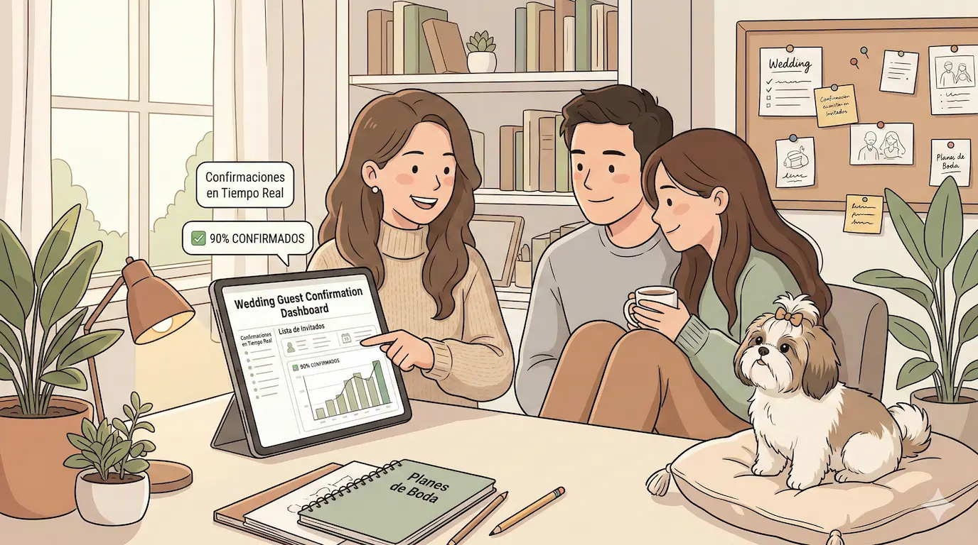 Novios emocionados viendo en una tablet el dashboard de confirmaciones de su boda junto a su wedding planner