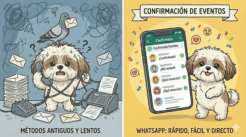 Una persona usando WhatsApp en su teléfono con notificaciones de confirmación de evento, rodeada de íconos de email y formularios web tachados.
