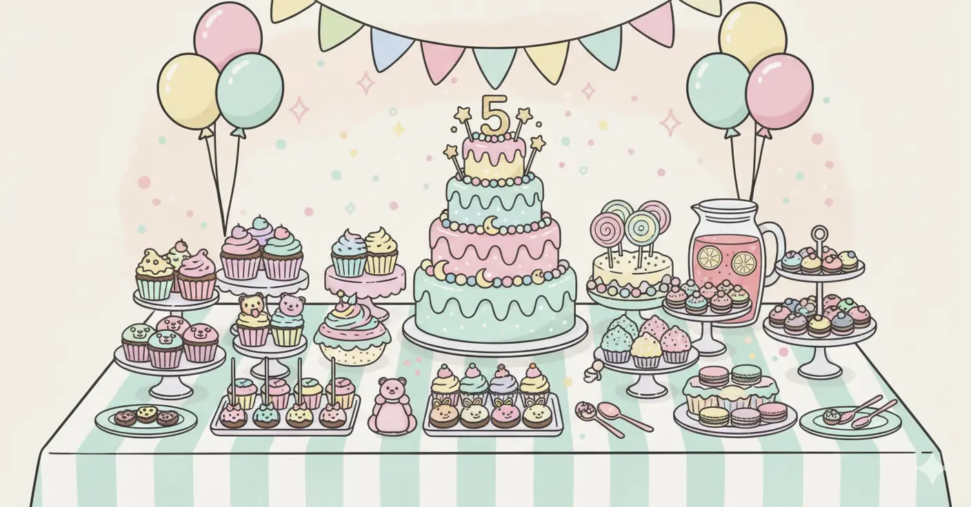 Una mesa de dulces colorida y bien decorada en una fiesta de cumpleaños infantil, con un pastel en el centro.