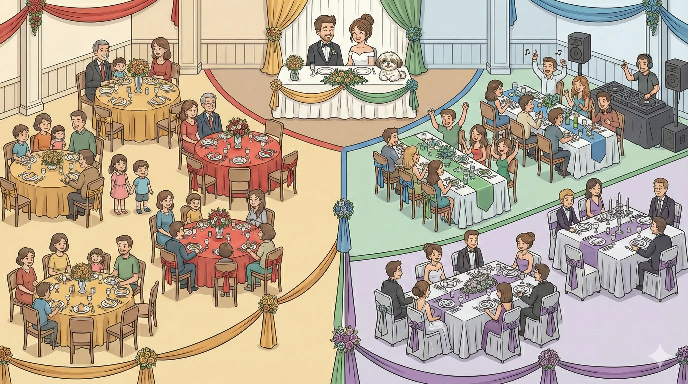 Una vista de pájaro de un evento bien organizado, con diferentes grupos de personas conversando alegremente.