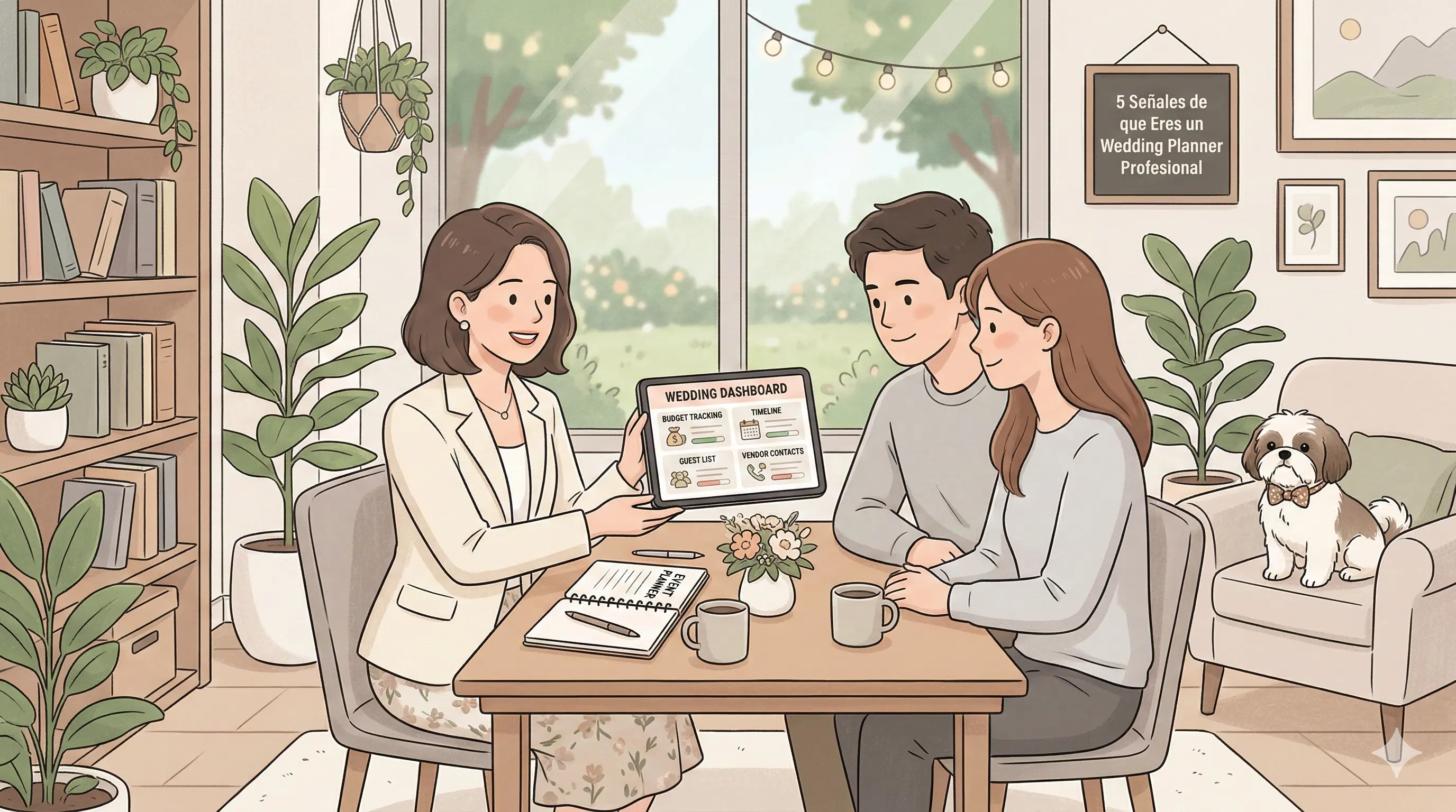 Wedding planner profesional con tablet mostrando dashboard de evento en una reunión elegante con clientes