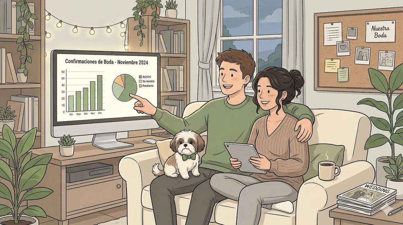 Pareja de novios revisando juntos el progreso de confirmaciones de su boda en una pantalla con gráficas claras