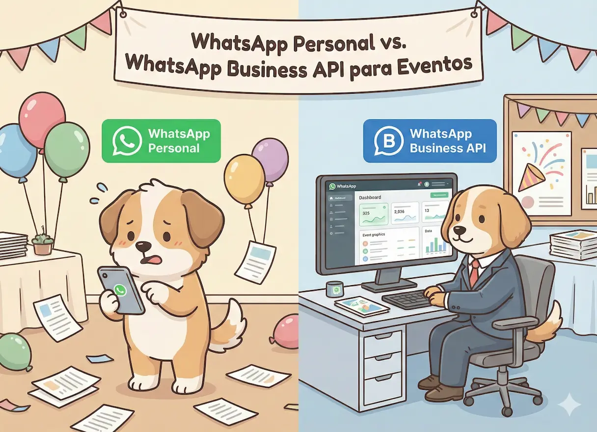 Comparativa visual entre un teléfono con WhatsApp Personal saturado y un dashboard profesional con WhatsApp Business API