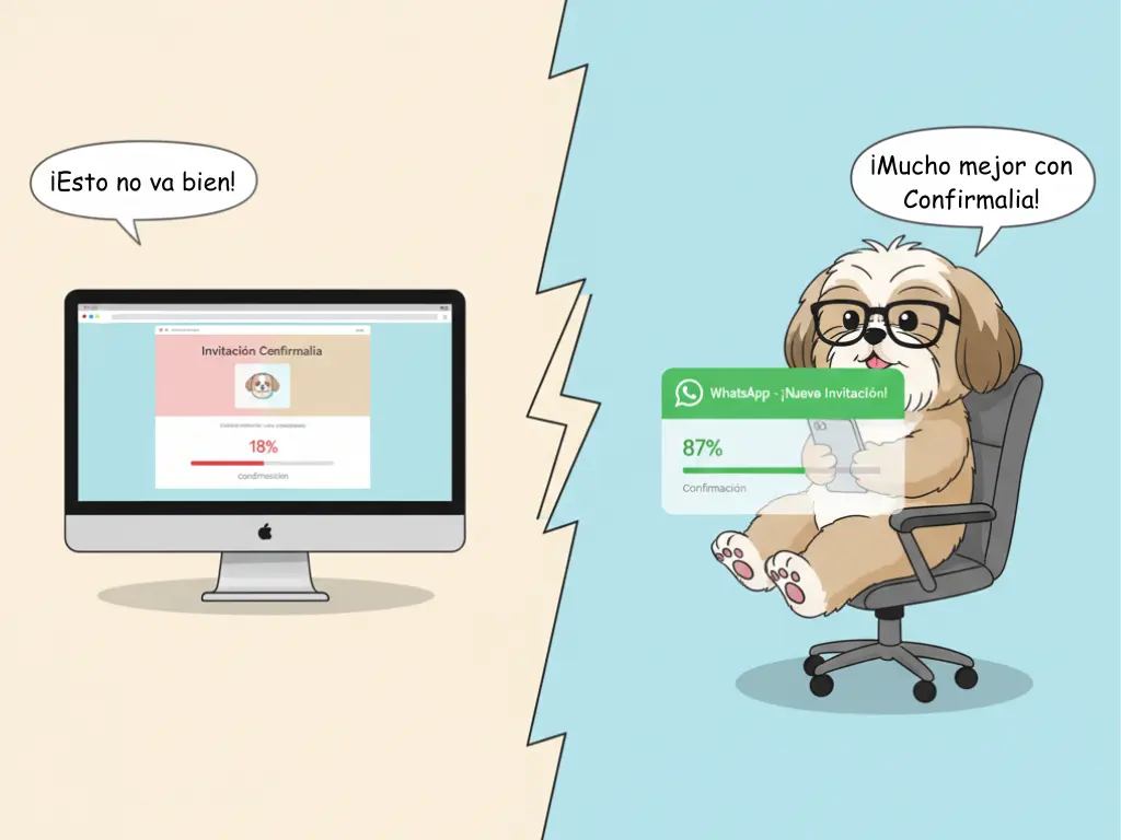 Una mano sosteniendo un teléfono que muestra una notificación de invitación de Confirmalia por WhatsApp, con una página de invitación web borrosa en el fondo.
