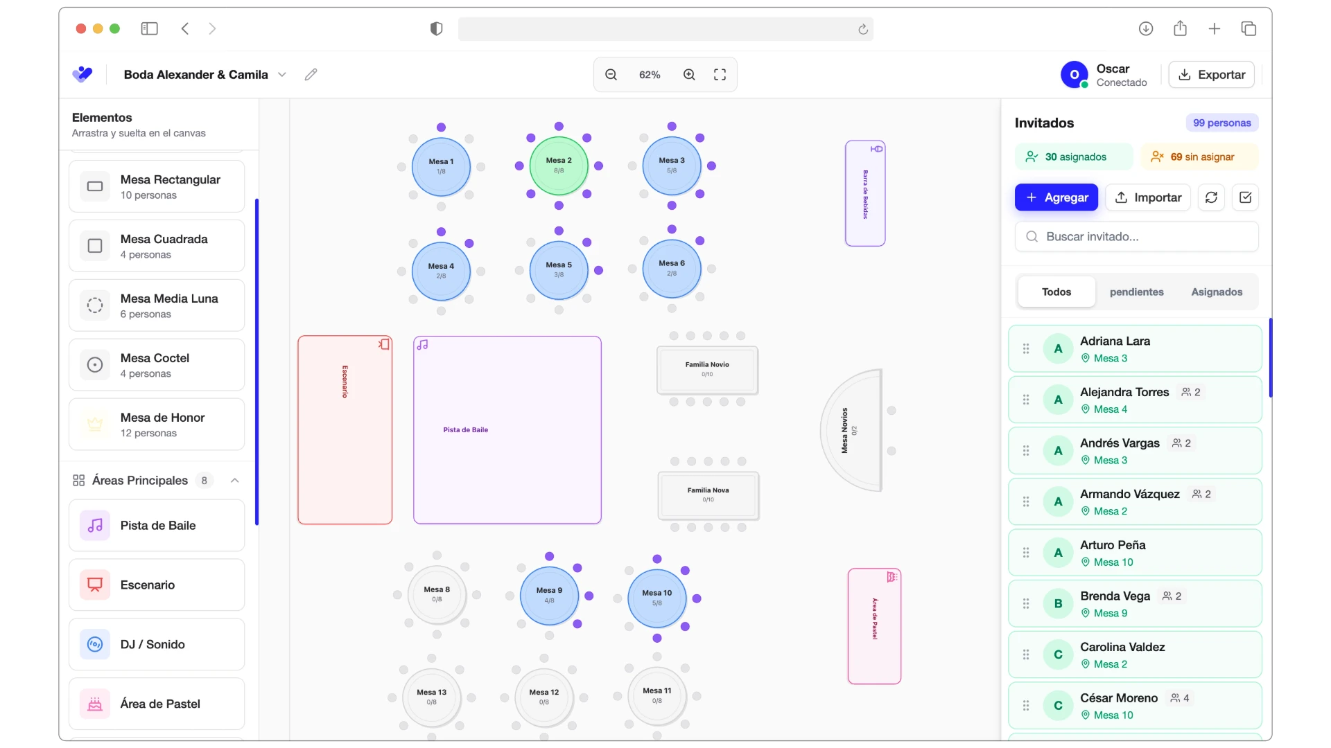 Interfaz del Seating Planner